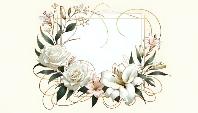 Elegant Floral Wreath, Creamy White and Blush Tones, Sophisticated Wedding Invitation Design with Copy Space, Soft Pastel Botanical Frame