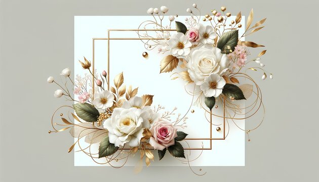 Chic Floral Frame with White Roses, Golden Accents, Ideal for Luxurious Wedding Invitations, Elegant Greeting Cards, and Beauty Product Backgrounds, Botanical Sophistication with Copy Space