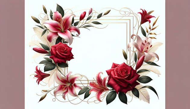 Romantic Roses and Lilies Frame, Deep Red and Pink Tones, Ideal for Wedding Stationery Design, Valentine's Greeting Cards, Perfume Advertising Background with Copy Space, Classic Floral Elegance Theme
