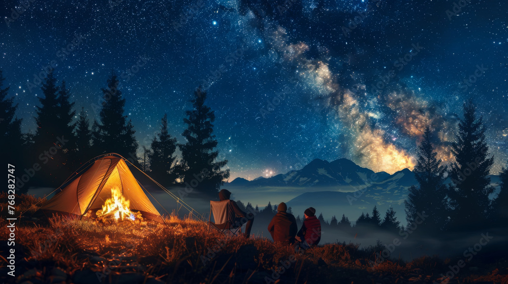 Wall mural a tent is set up in a field with a beautiful view of the mountains and a starry sky.