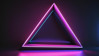 3d render, abstract geometric background with neon triangular frame glowing with gradient light in the dark. Modern showcase for product presentation