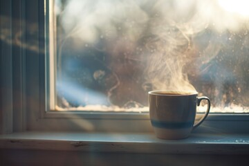 cup with hot drink on a windowsill - obrazy, fototapety, plakaty