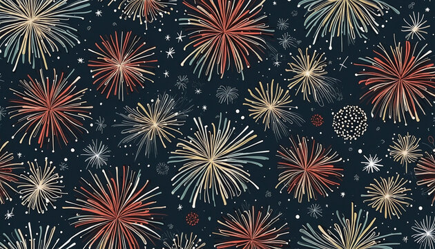 Hand drawn christmas firework seamless pattern illustration. Sky explosion doodle drawing background for festive xmas celebration event. Holiday texture print, december decoration wallpaper.	