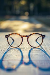 A pair of glasses focused on a list of customer testimonials with a clear - obrazy, fototapety, plakaty