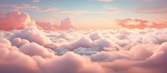 The view of the cumulus clouds from above at sunset creates a breathtaking natural landscape, with red sky afterglow painting the sky and horizon in hues of dusk - obrazy, fototapety, plakaty