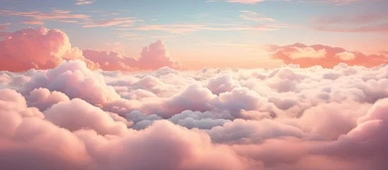 Foto op Canvas The view of the cumulus clouds from above at sunset creates a breathtaking natural landscape, with red sky afterglow painting the sky and horizon in hues of dusk © TheWaterMeloonProjec