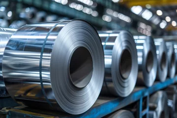 Fotobehang roll of aluminum sheet metal in an industrial warehouse © StockUp