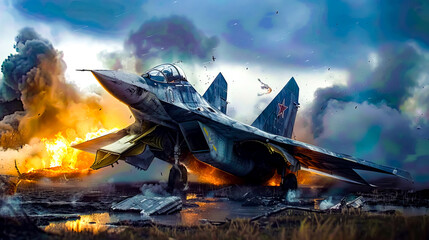 Painting of fighter jet with lot of flames coming out of it. - obrazy, fototapety, plakaty