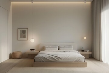 modern minimalistic light bedroom with a double bed