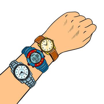 Hand with wristwatch pop art PNG illustration with transparent background