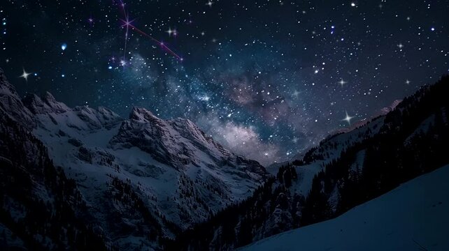 Dramatic mountain at night scene with stars, animated virtual repeating seamless 4k	
