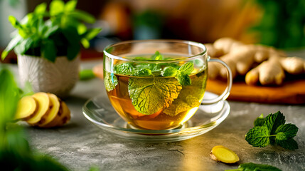 Cup of green tea with mint leaves on saucer on table. - obrazy, fototapety, plakaty