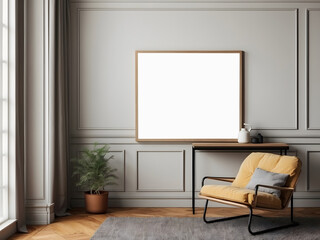 An empty frame mockup with a classic tartan plaid fabric border adds a cozy and traditional touch to a study.