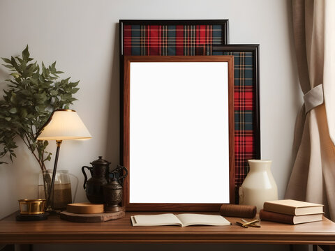 An empty frame mockup with a classic tartan plaid fabric border adds a cozy and traditional touch to a study.