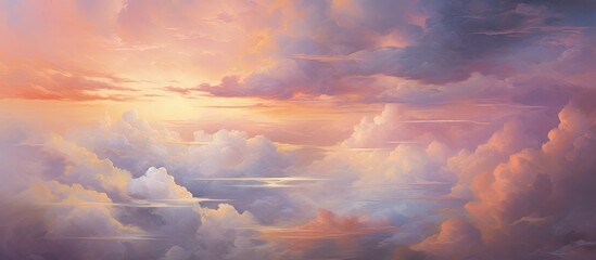 A natural landscape painting depicting a cloudy sky with the sun shining through the clouds, creating a beautiful afterglow at dusk - obrazy, fototapety, plakaty