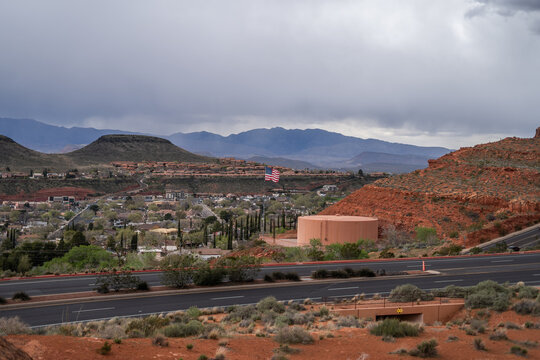 American Flag and Water Tower View from Dixie Rock St George City Overlook