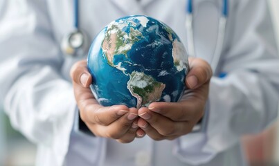 Medical doctor carefully holds the world globe in his hands