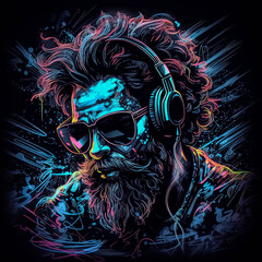 A man with a beard and sunglasses is wearing headphones