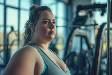 Fototapeta na wymiar A young fat woman is exercising in the gym