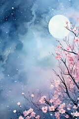 Illustration of a Moonlight on a grunge background with snow and floral edges, realistic watercolor style, pink blue background,