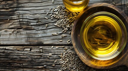 Sunflower oil in glass bowl and seeds on wooden table, flat lay - obrazy, fototapety, plakaty