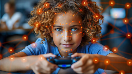 girl playing a video game, and the video game analyzing the girl with artificial intelligence. - obrazy, fototapety, plakaty