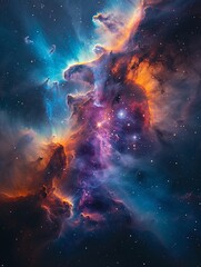 Nebula close-up in deep space, vivid colors, star formation, macro lens, centered focus, ethereal lighting