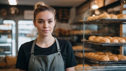 Young girl saleswoman in a bakery shop, Company stand with bread - obrazy, fototapety, plakaty