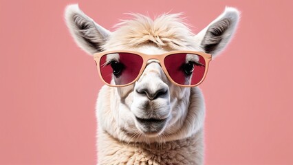 Fashionable llama in glasses on a pink background, studio shooting
