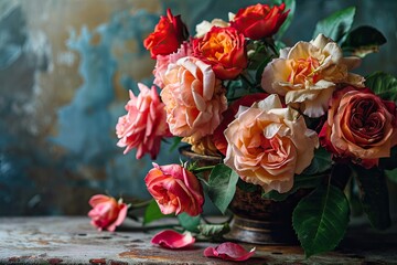 Valentine's day bouquet of rose flowers on blue background