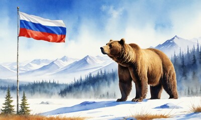 Symbol associated with the country Russia - watercolor illustration. Powerful brown bear standing in the Siberian taiga, symbolizing Russia's strength, resilience, and vastness.