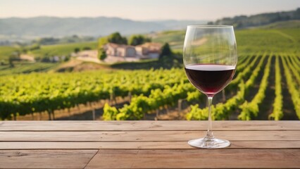 Glass of wine on the table against the background of vineyards, banner