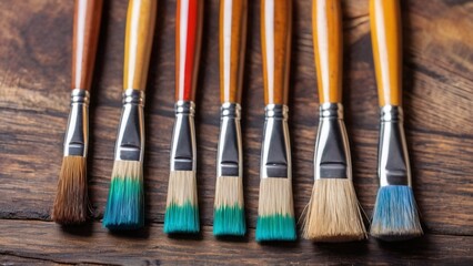 Fototapeta premium Synthetic brushes with a wooden handle for painting on a wooden table. View from above. The artist's tools.