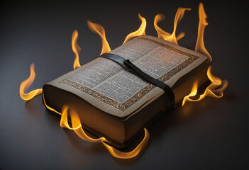 Bible with fire flame and stars on dark background