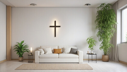 Living room with christian cross, white sofa and plants