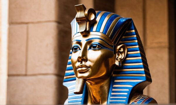 Egyptian gilded pharaoh statue. Plaster replica of the head of Tutankhamun