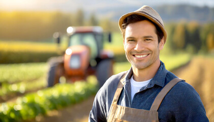 Bauer im Hintergrund ein Traktor auf dem Feld  - obrazy, fototapety, plakaty