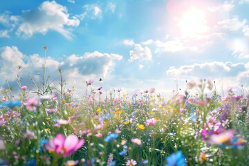 Obraz na płótnie Canvas Happy sunny wildflower Bloom meadow field background created with Generative AI Technology