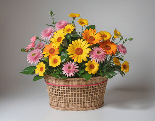 3D sculpture woven colored wire basket full of metal flowers