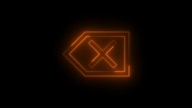 Neon glowing brown color backspace icon animation black background