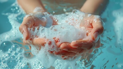 Fototapeta premium On a light blue background, hands are bathed in soap foam