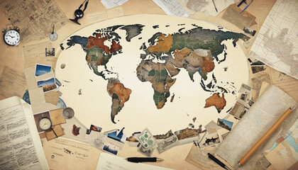Education and Intelligence Collage with Global Travel Theme, bulb, light, map - obrazy, fototapety, plakaty