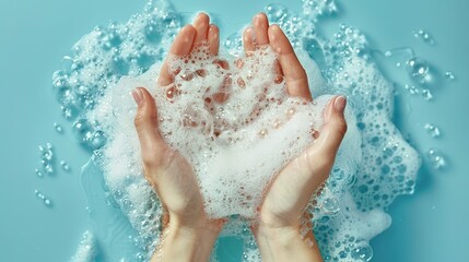 On a light blue background, hands are bathed in soap foam