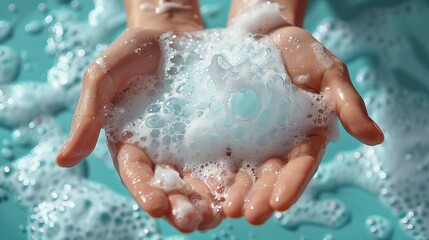 Fototapeta premium On a light blue background, hands are bathed in soap foam