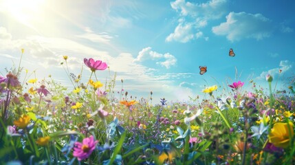 Happy sunny wildflower Bloom meadow field background created with Generative AI Technology