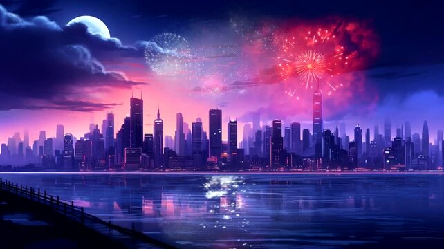 City building with firework view scene, 4k animated virtual repeating seamless