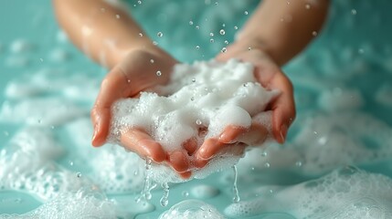 Fototapeta premium On a light blue background, hands are bathed in soap foam