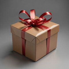 Brown gift box, red ribbon, oil paint style