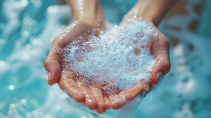 Fototapeta premium On a light blue background, hands are bathed in soap foam