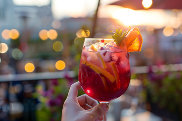 a hand holding a refreshing glass of sangria, its fruity flavors and vibrant colors a quintessential summer indulgence enjoyed by city dwellers at rooftop bars and outdoor patios
